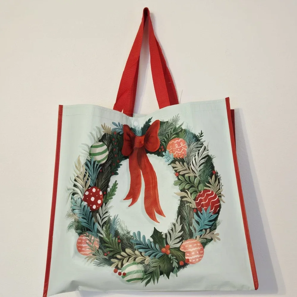 Christmas Wreath Ribbon Bow Greenery Balls Ornaments TJMaxx Tote Bag Gift